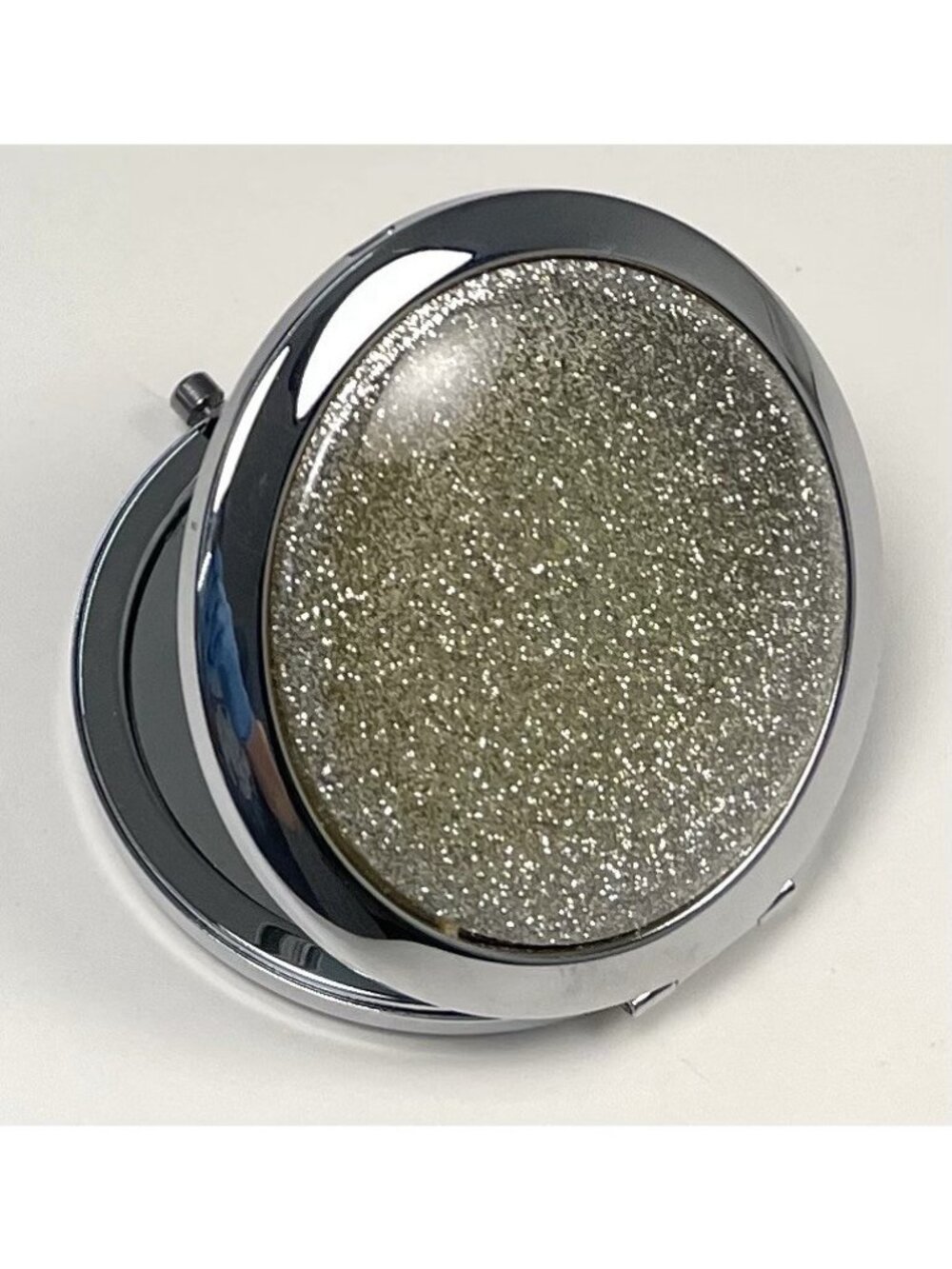 VTG 80s Style Silver Holographic Glitter Double Mirror Purse Hinge COMPACT EUC